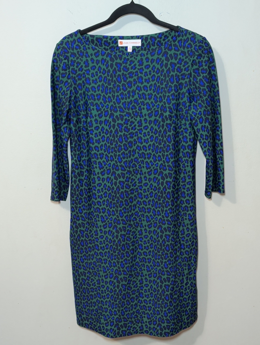 Jude Connally Leopard Print Shift Dress Green Blue 3/4 Sleeve Women's Size S
